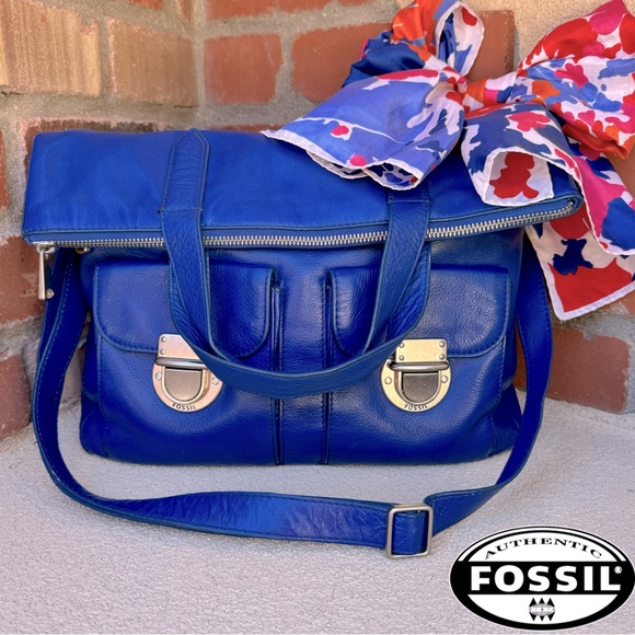 Fossil💙Riley Leather Large Fold Over Crossbody Satchel/Tote Bag w/Bow Scarf - Picture 2 of 15
